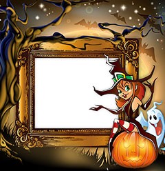 Halloween frame with a witch sitting on a pumpkin