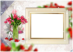 Wooden photo frame and bouquet of tulips
