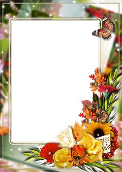 Photo frame with bright bunch of flowers