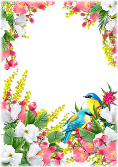 Spring birds inside of colorful flowers