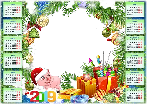 Marco de fotos - Calendar 2019. Piggy and gift boxes