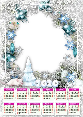 Photo frame - Calendar 2020. White patterns