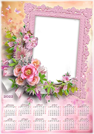Cadre photo - Calendar 2022. Pink frame with flowers