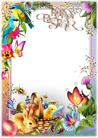 Foto rámeček - Easter photo frame with spring flowers, a rabbit and a basket