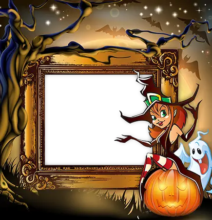 Cadre photo - Halloween frame with a witch sitting on a pumpkin