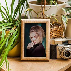 Photo effect - Wooden photo frame on the wooden table