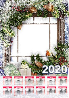 Calendar 2020. Snowy window