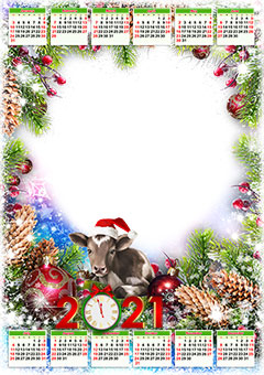 Calendar 2021. Metal ox in Christmas hat