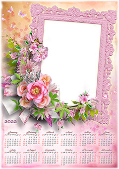 Calendar 2022. Pink frame with flowers