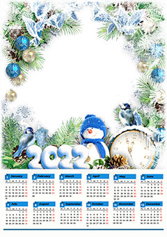 Calendar 2020. Snowman and clock
