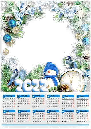 Cadre photo - Calendar 2020. Snowman and clock