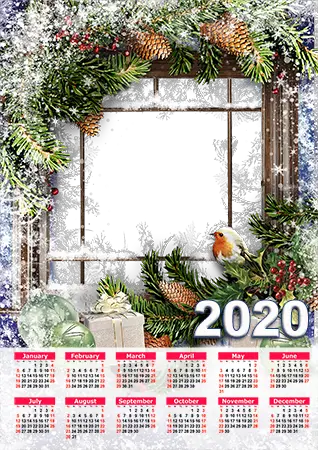 Photo frame - Calendar 2020. Snowy window