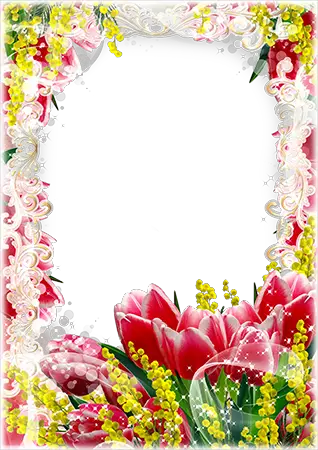 Foto rámeček - Floral frame with red tulips and yellow flowers