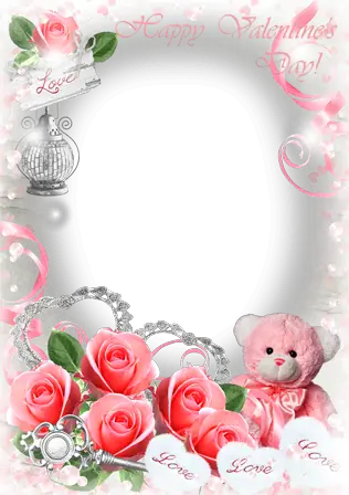Molduras para fotos - Cartão do Valentim com corações cor de rosa e rosas