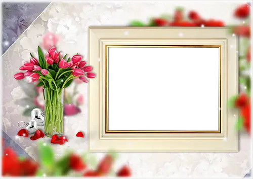 Foto rámeček - Wooden photo frame and bouquet of tulips